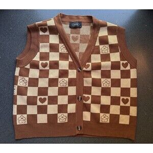 Cider Brown And Tan Checkered Sweater Vest S Heart And Smiley Face Preppy Retro